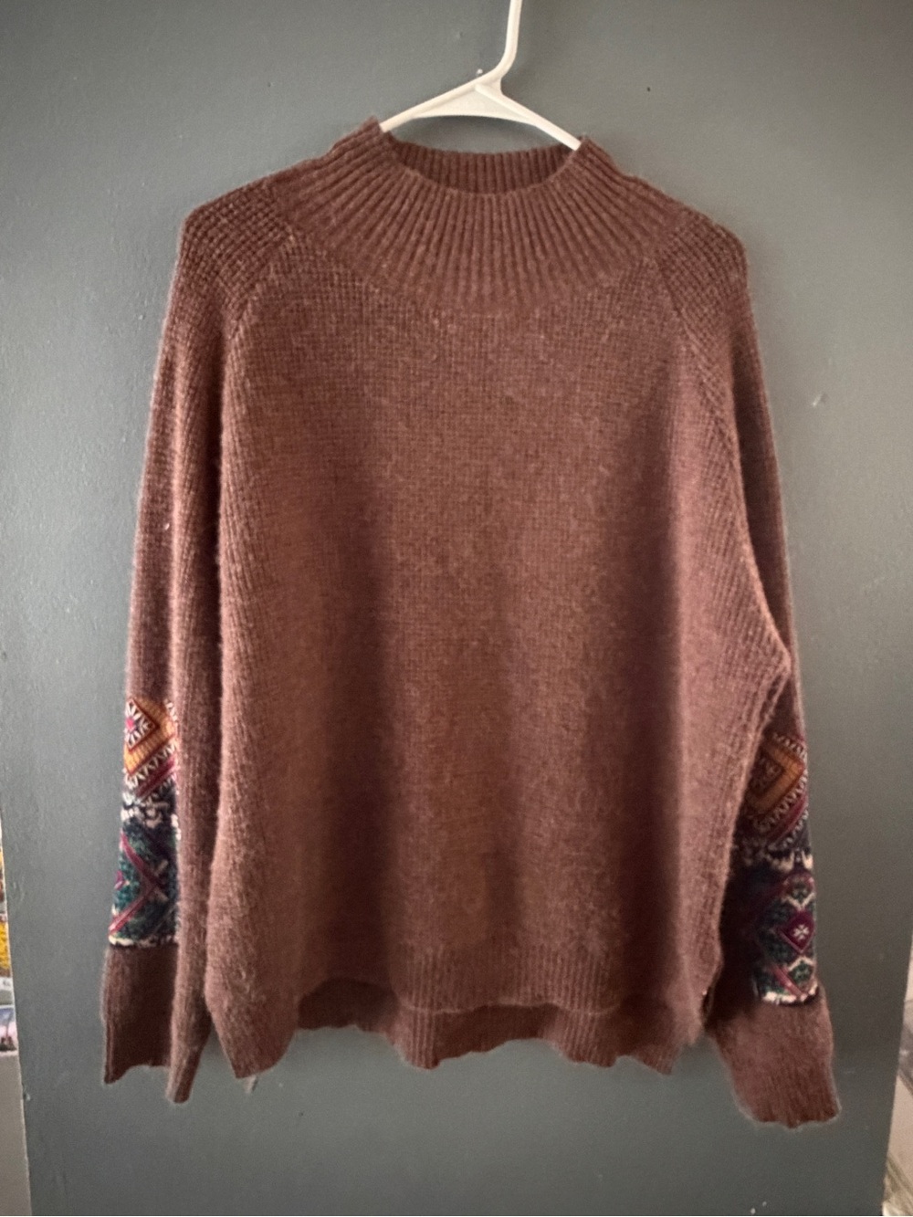 Women's Brown Mock Neck Sweater with Patterned Elbow Panels